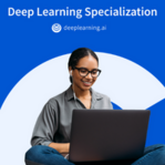 Deep Learning Specialization banner with a learner with glasses on a laptop.